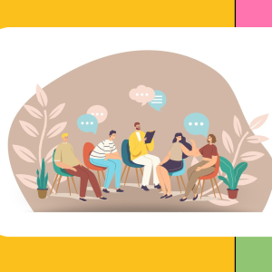 Digital illustration of a group of people with chat bubbles above their heads on a colourful block background