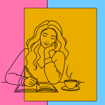 Line drawing of a woman writing in a notebook with a cup of coffee at her side on a colourful block background
