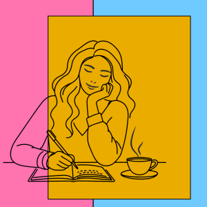 Line drawing of a woman writing in a notebook with a cup of coffee at her side on a colourful block background