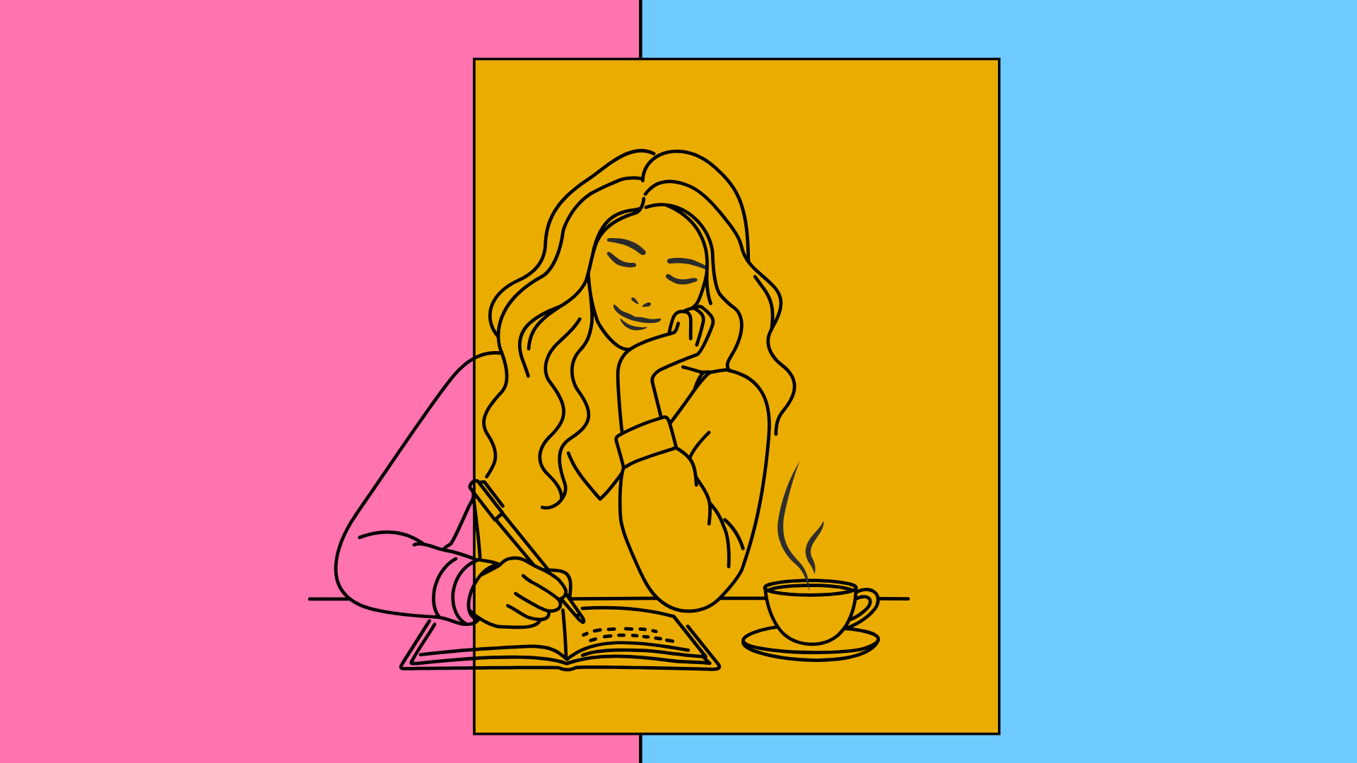Line drawing of a woman writing in a notebook with a cup of coffee at her side on a colourful block background