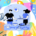 Digital illustration of two people at a buffet table on an abstract colourful background
