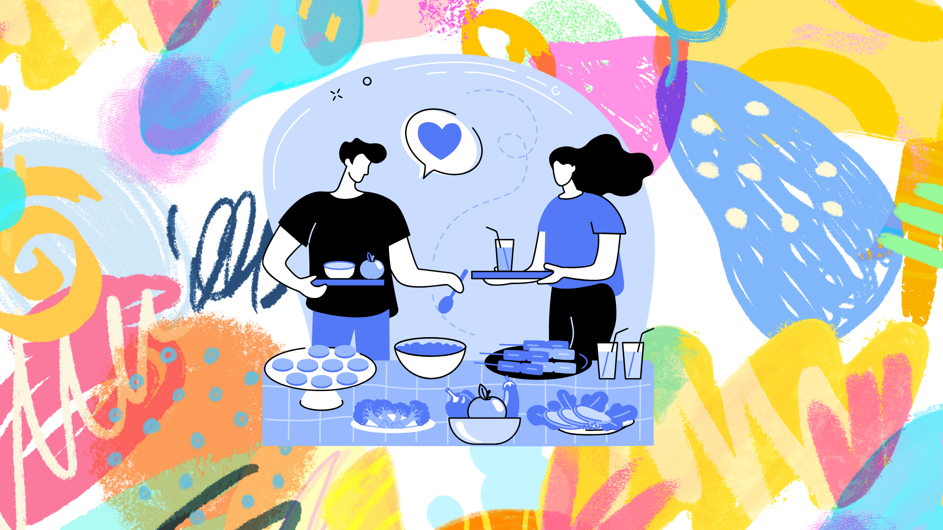 Digital illustration of two people at a buffet table on an abstract colourful background