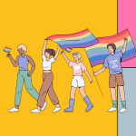 Colourful block background with cartoon drawing of four people waving pride flags and walking