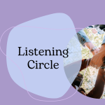 The text "Listening Circle" on a purple background with a picture taken from below of five people joining hands