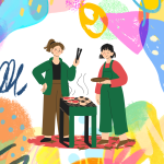 Digital illustration of two people around a BBQ on an abstract colourful background