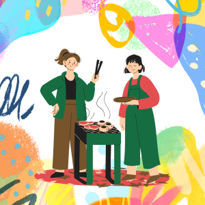 Digital illustration of two people around a BBQ on an abstract colourful background