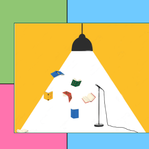 Graphic of a microphone and tumbling books under a spotlight on a colourful background