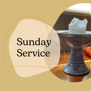 "Sunday service" on a muted yellow background with an image of a chalice