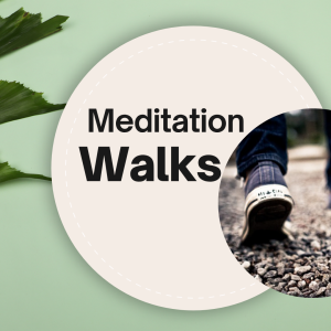 Image of someone's feet walking on gravel with word "Meditation Walks"