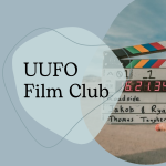 "UUFO Film Club" on a blue background with the image of a film clacker