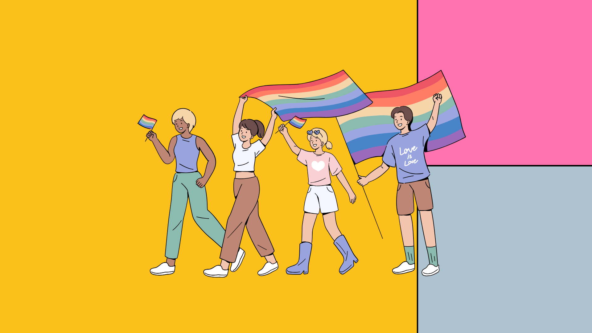 Colourful block background with cartoon drawing of four people waving pride flags and walking