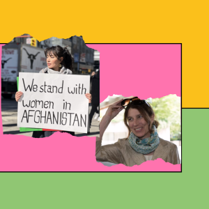Photo collage of Laura Robinson and Shima Karimi on a colourful block background