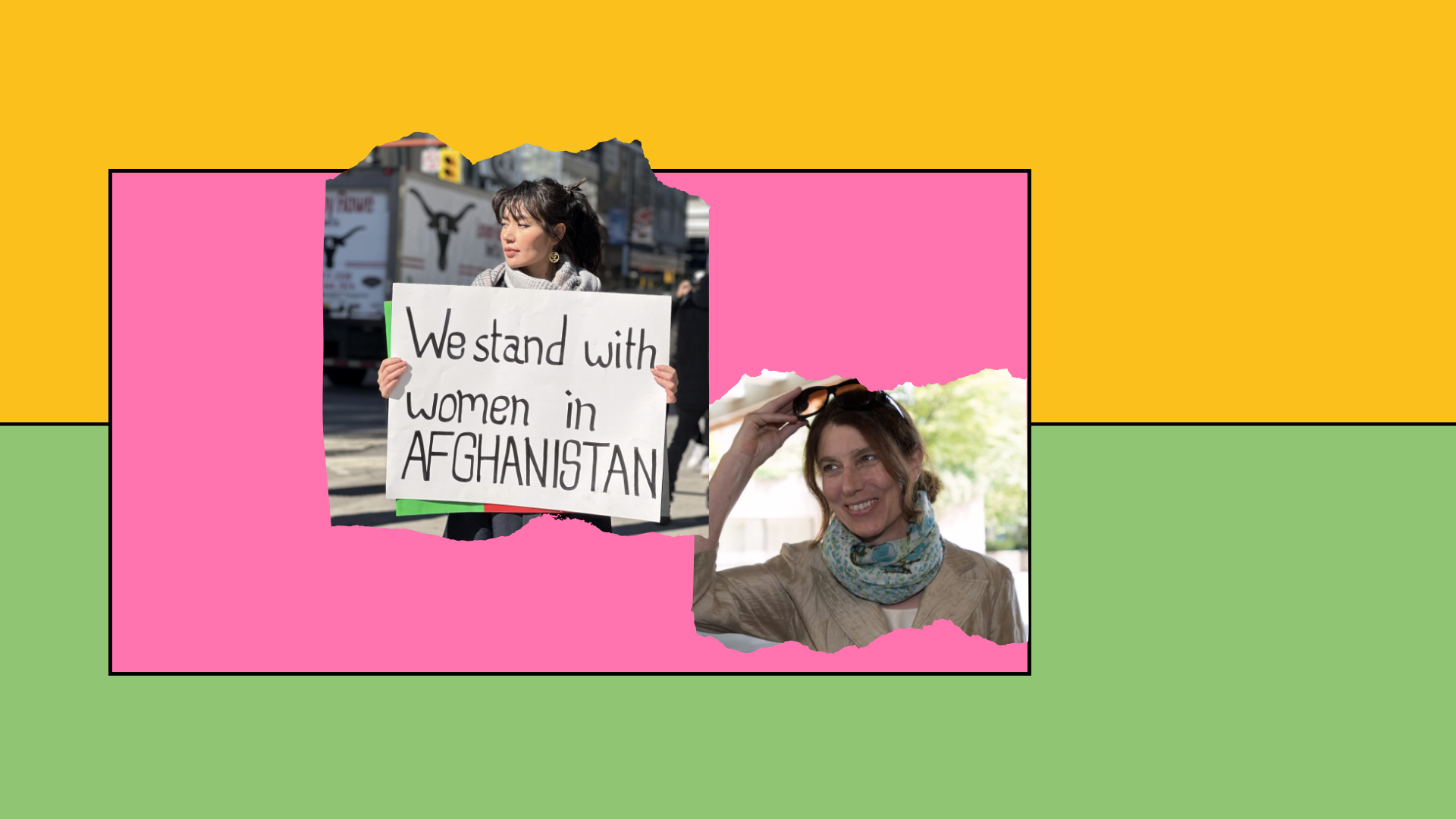 Photo collage of Laura Robinson and Shima Karimi on a colourful block background