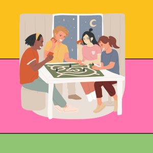 Digital illustration of 4 young adults playing a board game around a table on a colourful block background