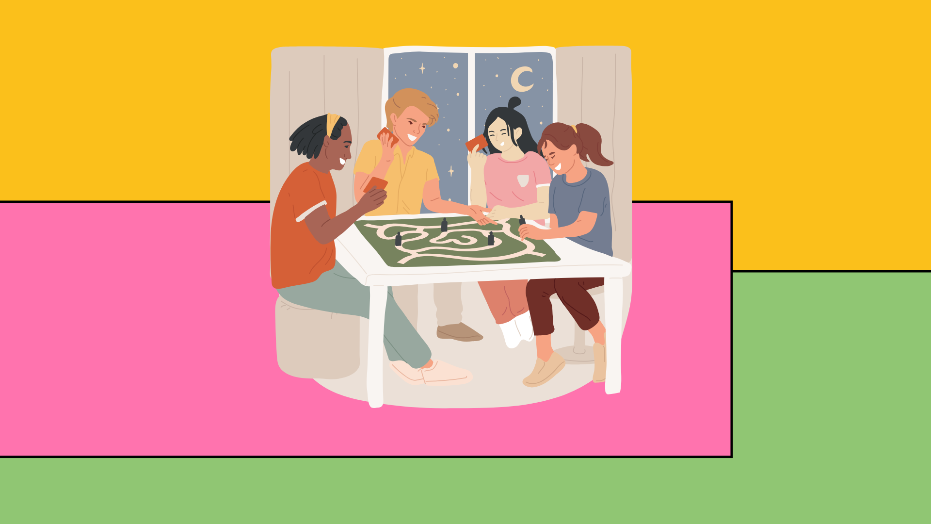 Digital illustration of 4 young adults playing a board game around a table on a colourful block background