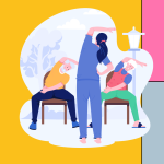 Graphic image of a seniors' chair exercise class on a colourful block background