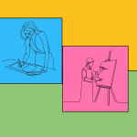 Line drawings of a person drawing and another person painting at an easel on a colourful block background.