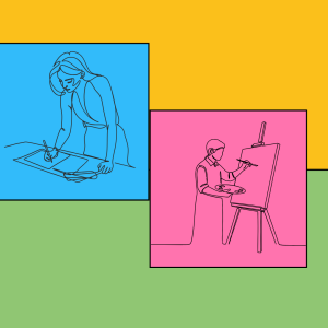 Line drawings of a person drawing and another person painting at an easel on a colourful block background.