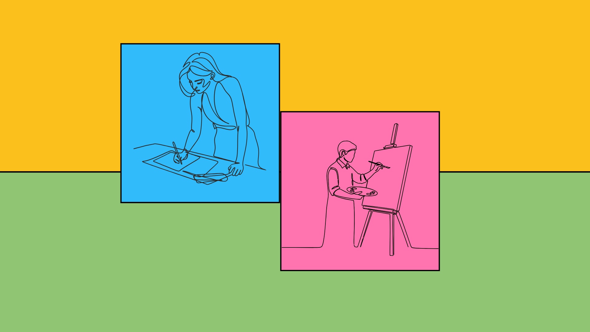 Line drawings of a person drawing and another person painting at an easel on a colourful block background.