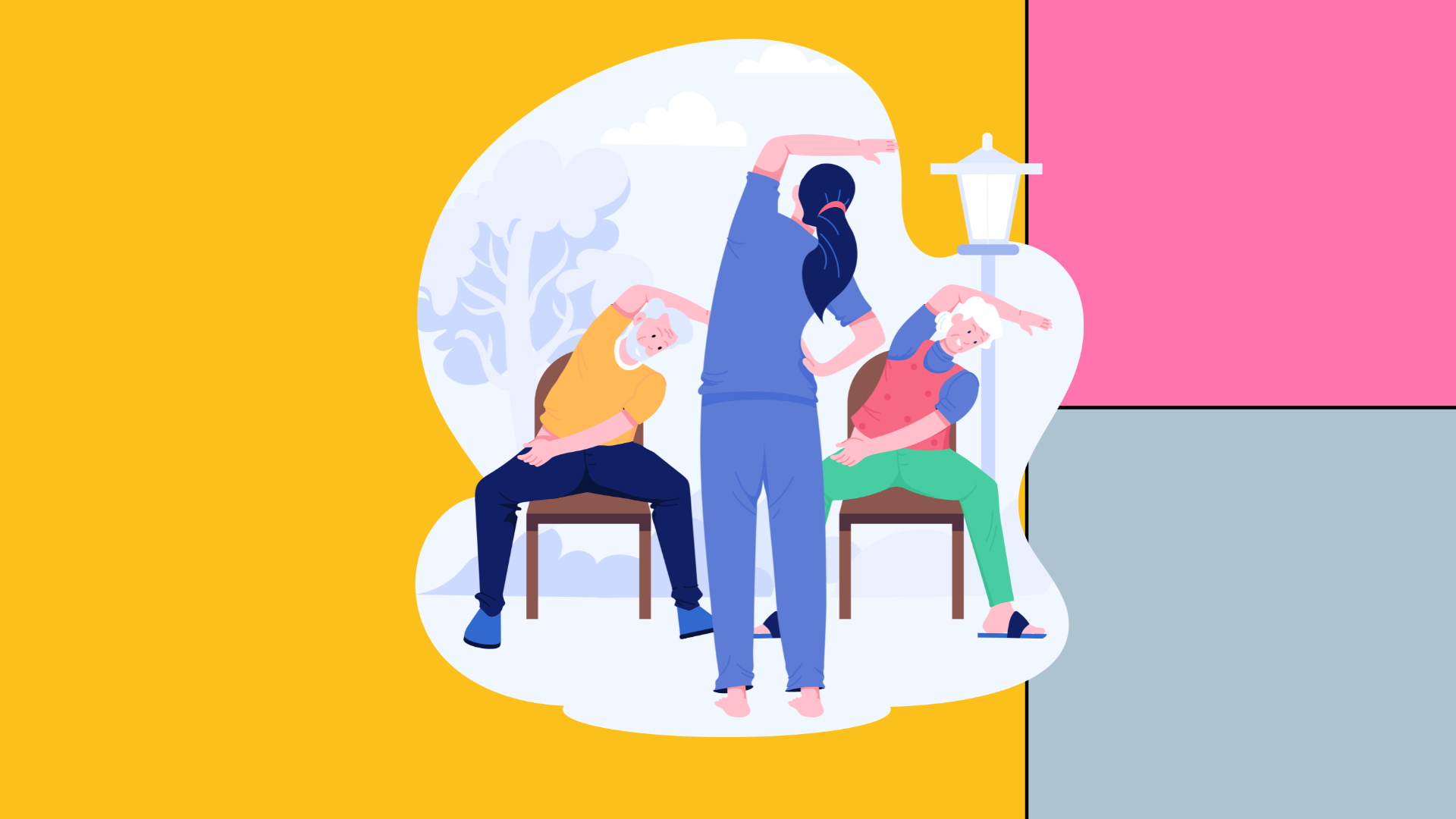 Graphic image of a seniors' chair exercise class on a colourful block background