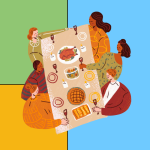 Digital illustration of a group of people sitting around a table set for a meal on a colourful block background