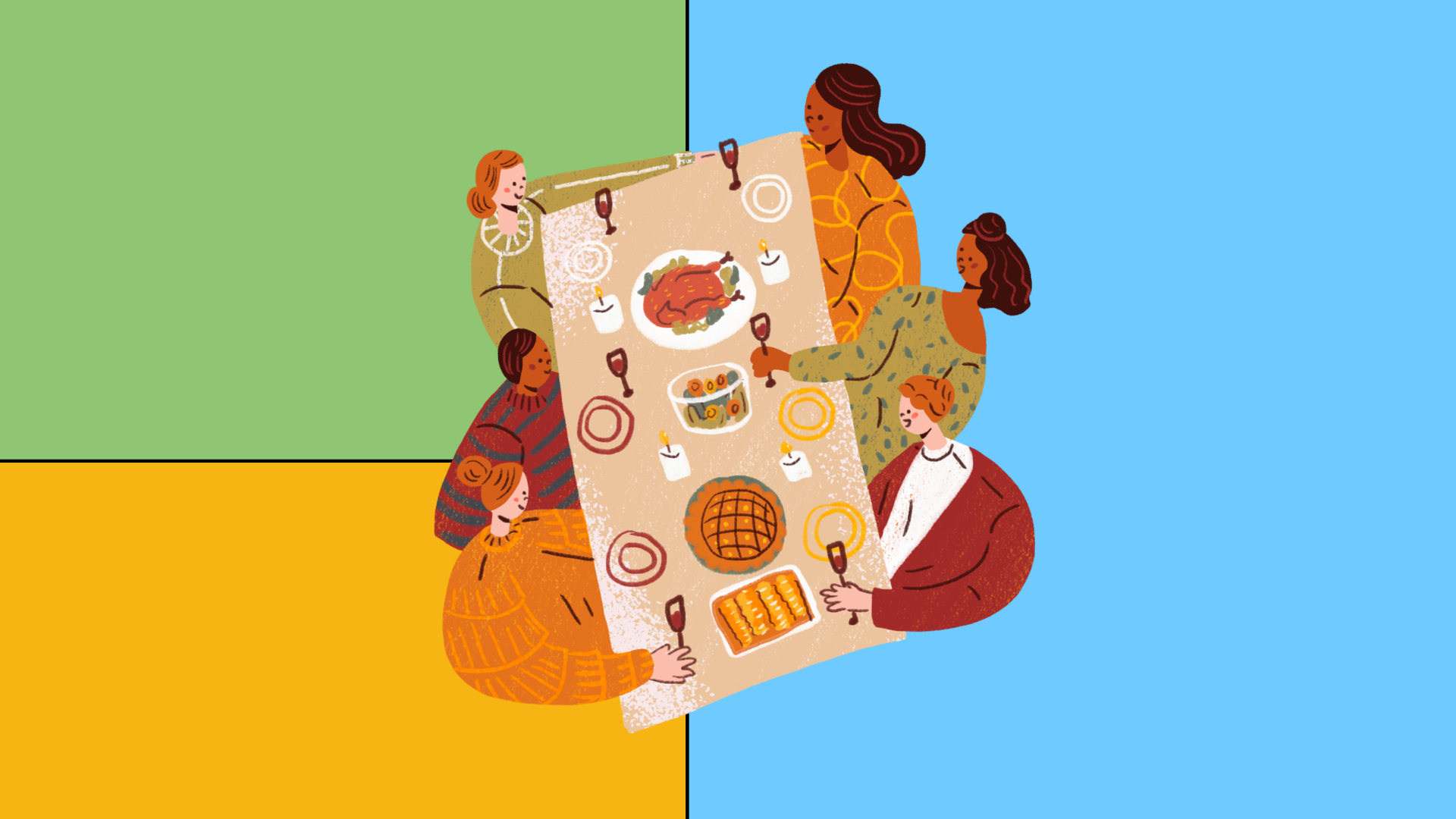 Digital illustration of a group of people sitting around a table set for a meal on a colourful block background